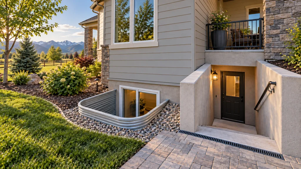 Landscaped home with a basement walkout entrance and window well, with mountains in the background